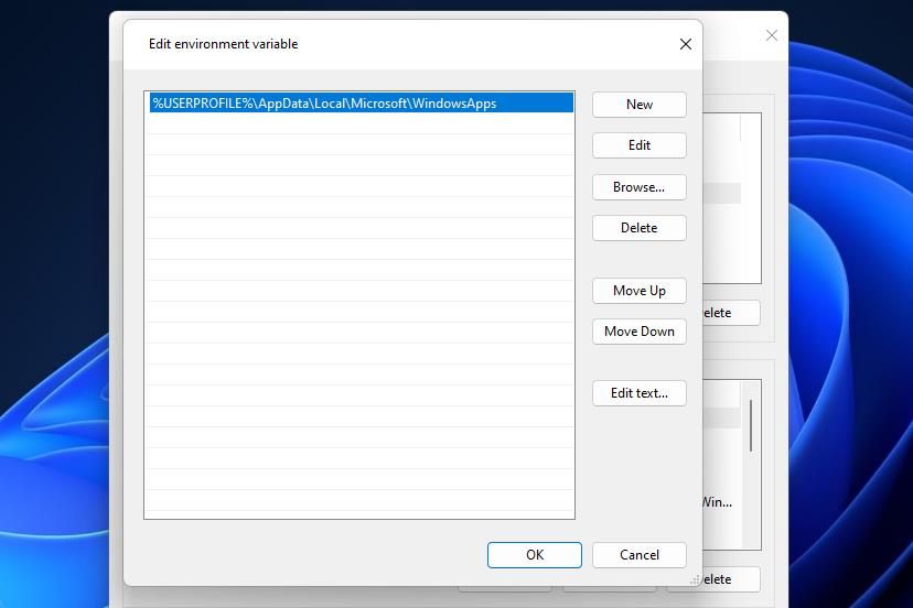 The Edit environment variables window