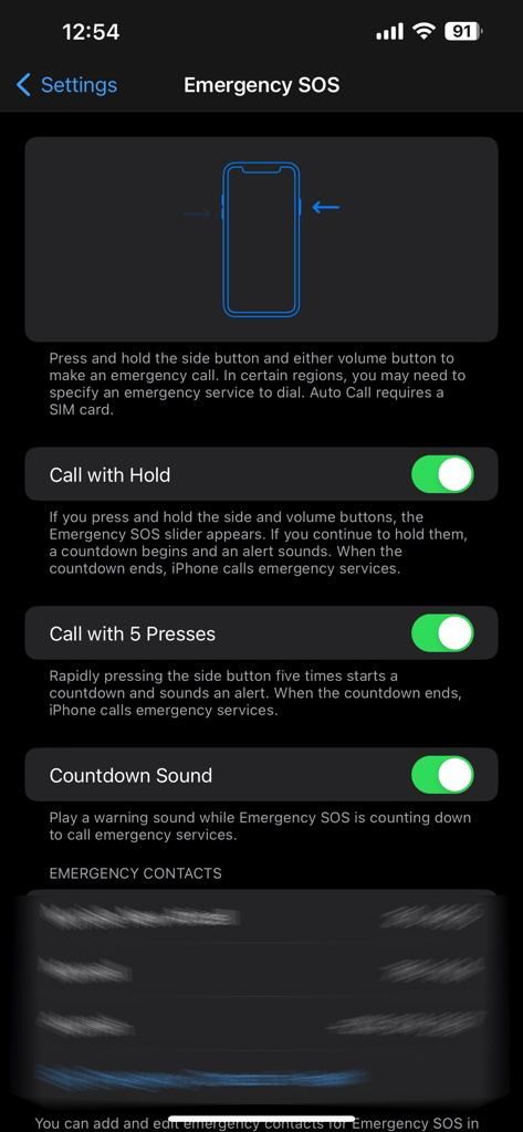 Screenshot showing Emergency SOS settings on iPhone