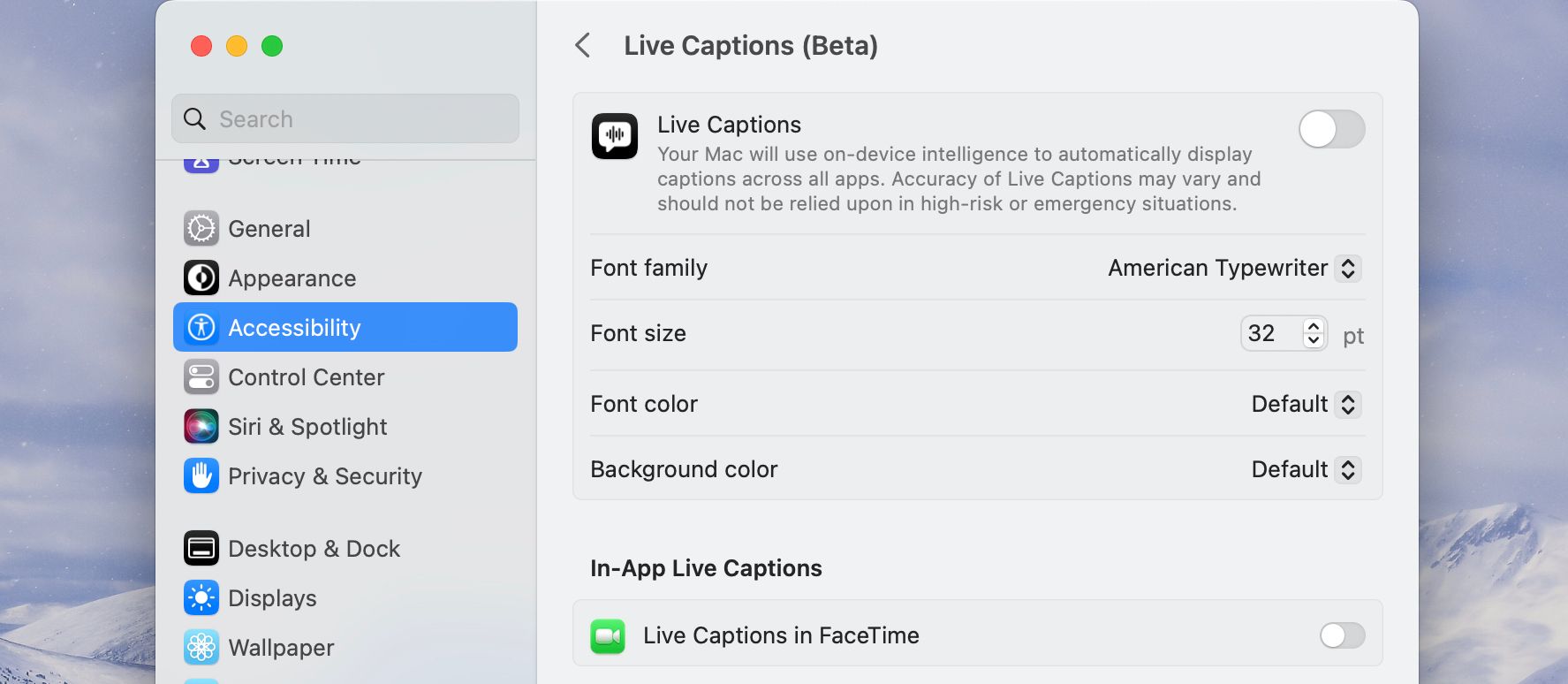 Enabling Live Captions in System Settings