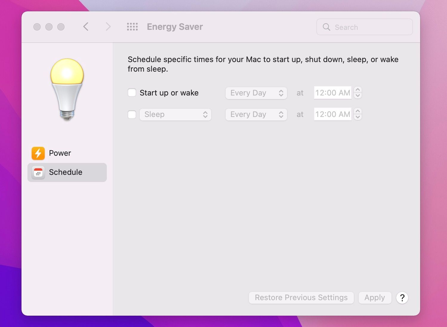 Energy Saver window in System Preferences