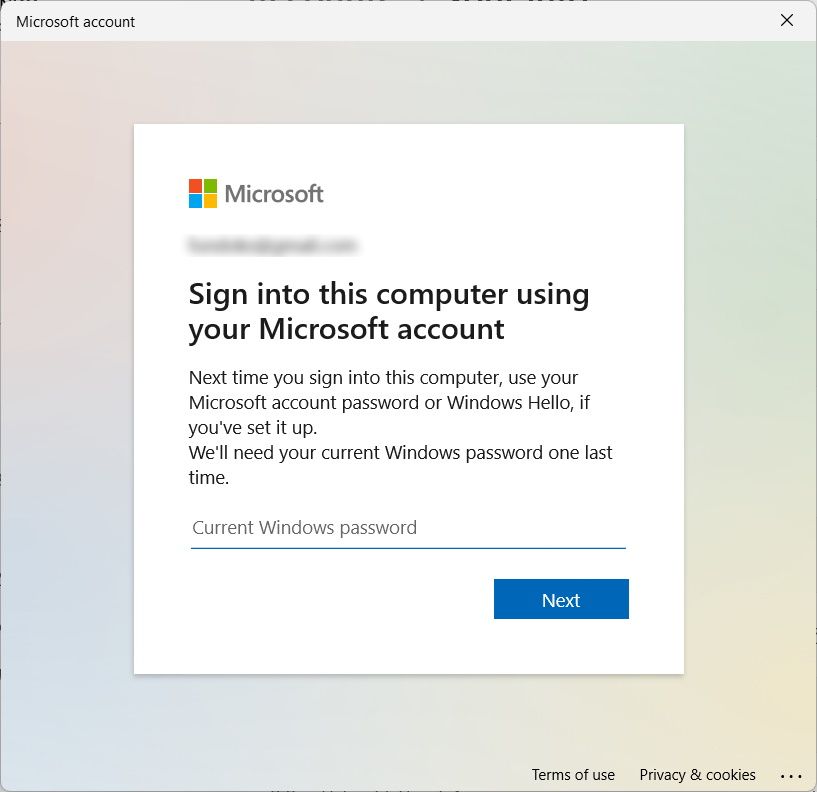 ingrese la contraseña actual de Windows al iniciar sesión en la cuenta de Microsoft en Windows 11