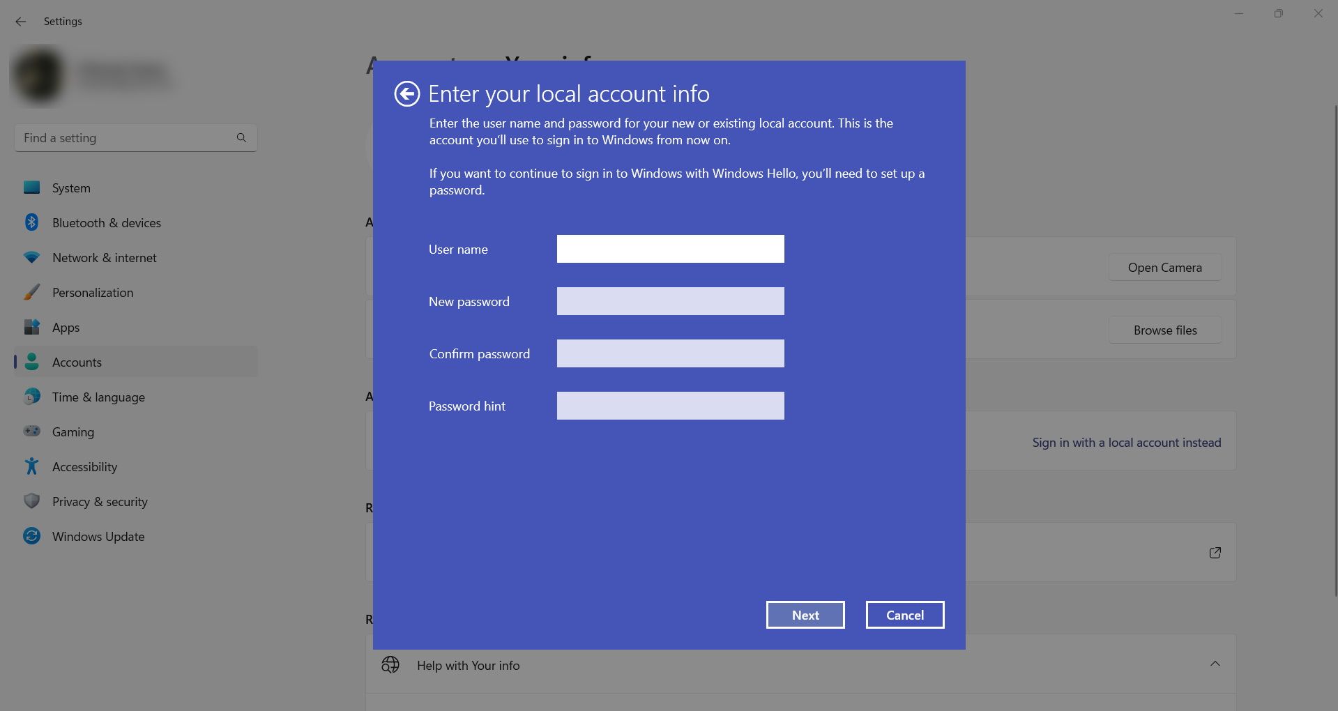 entering new credentials for local account on Windows
