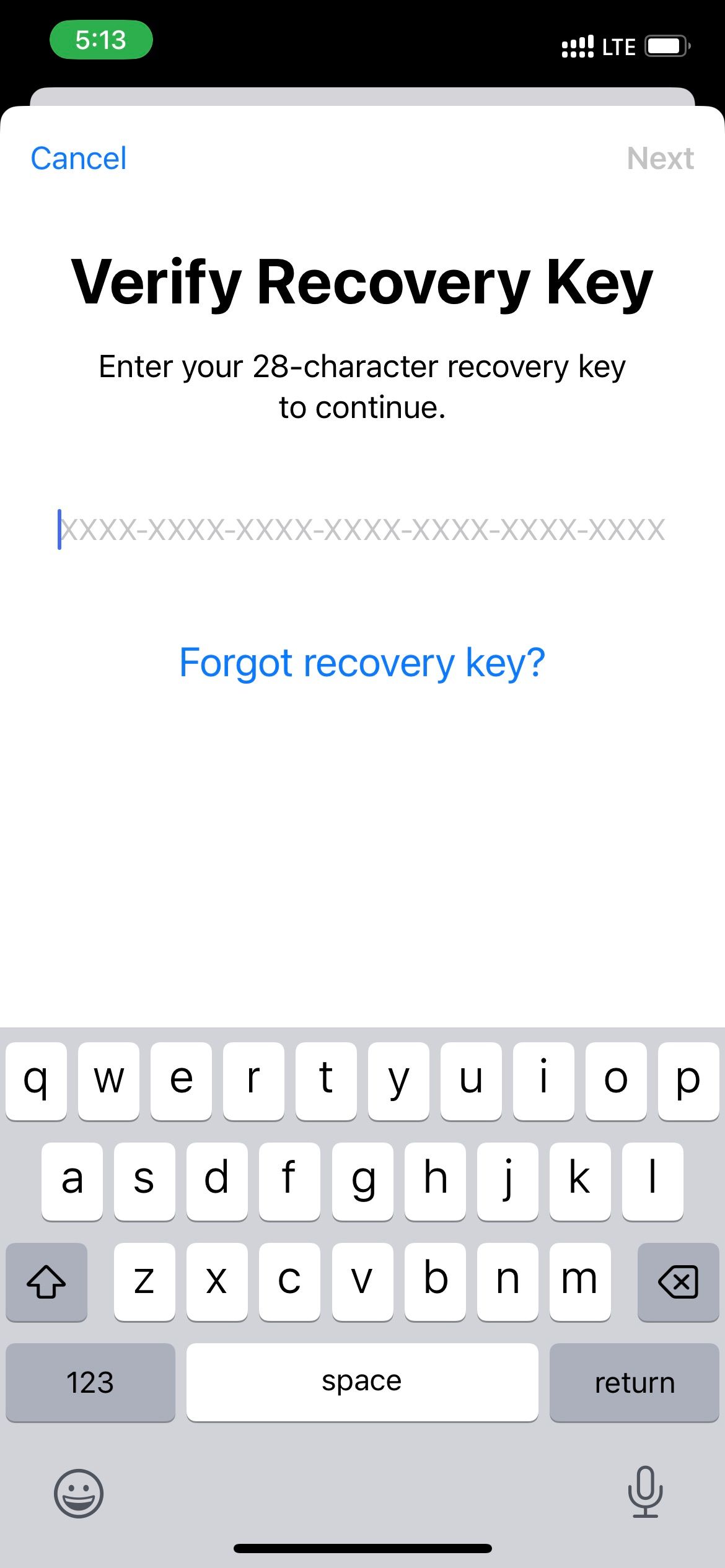 Enter your 28-character recovery key for verification