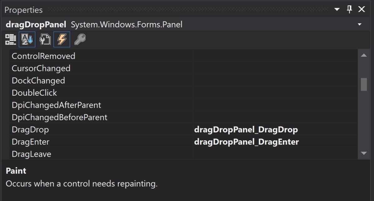 New DragDrop event generated for panel in events list 