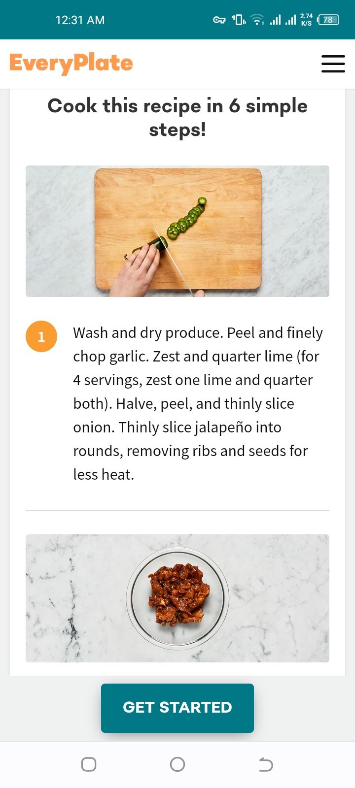 Recipe page on Everyplate app