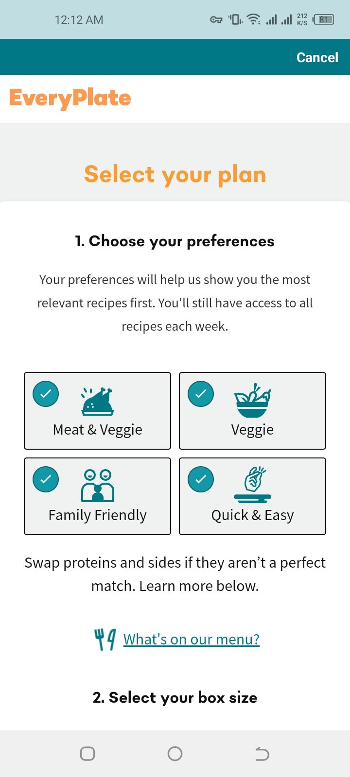 Food preference options on EveryPlate