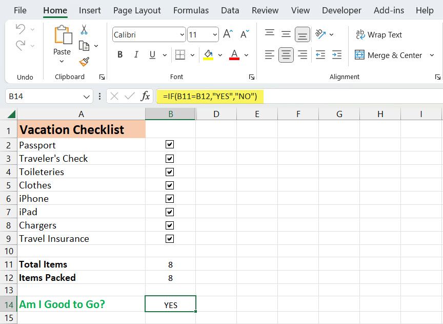Check total number of items in an Excel checklist