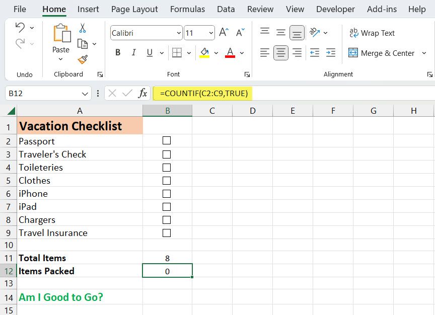 Using the CountIF formula in a checklist