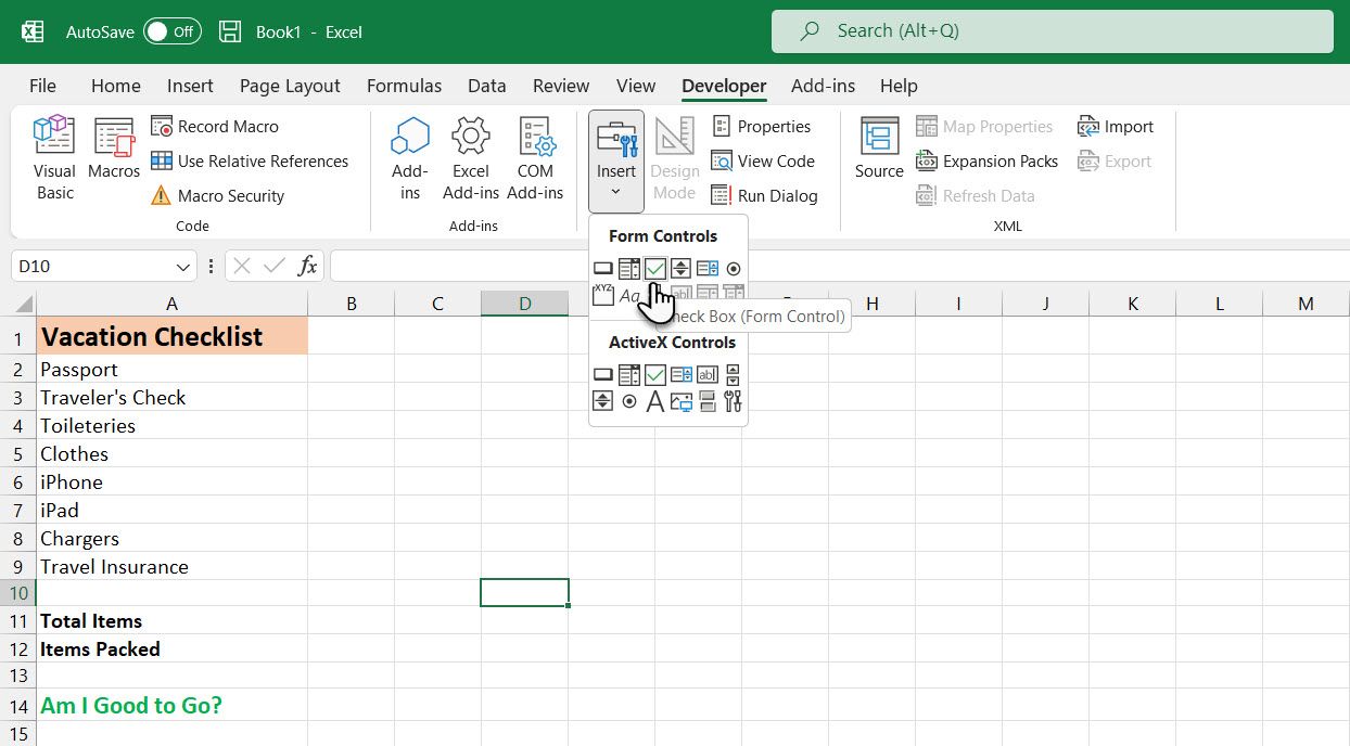 Excel Checklist and Form Control in the Developer Tab