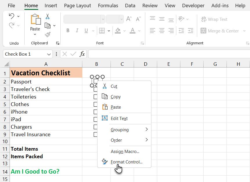Excel Checklist Format Control