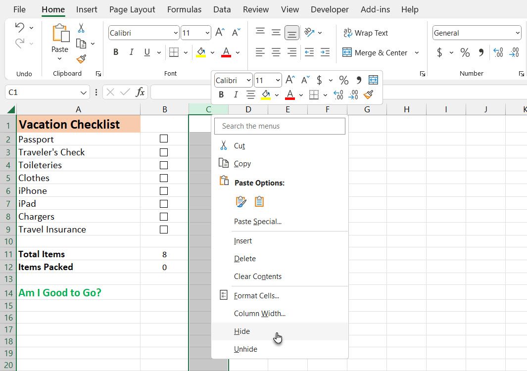 Hide column in Excel Checklist