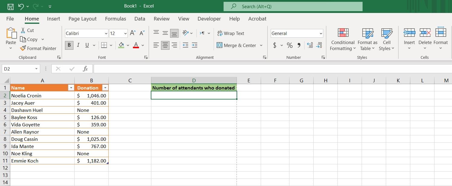 Một bảng tính mẫu trong Excel