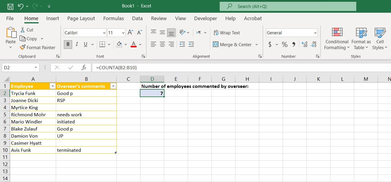 COUNTA function in Excel