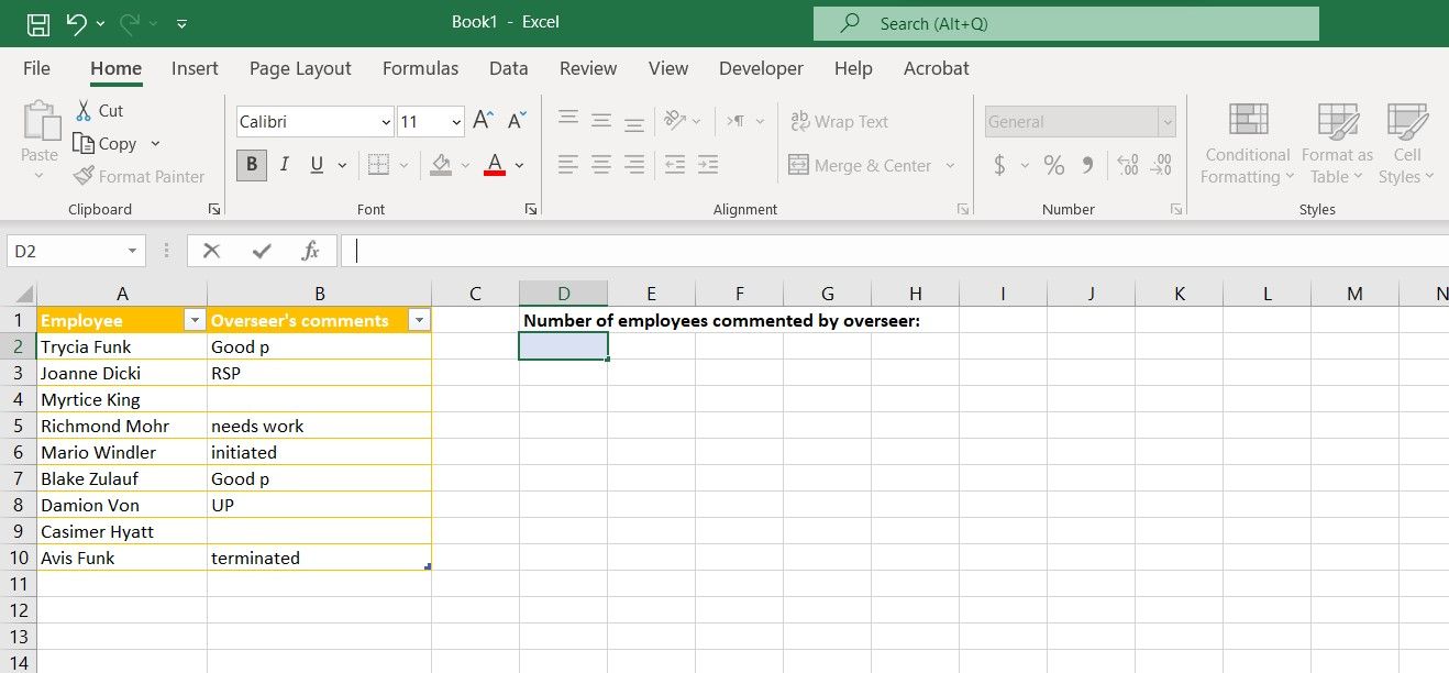 A sample spreadsheet in Excel