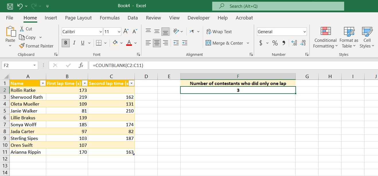 COUNTBLANK function results in Excel