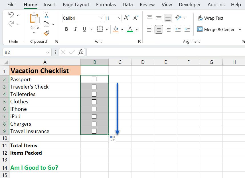 Drag checkbox to copy in Excel