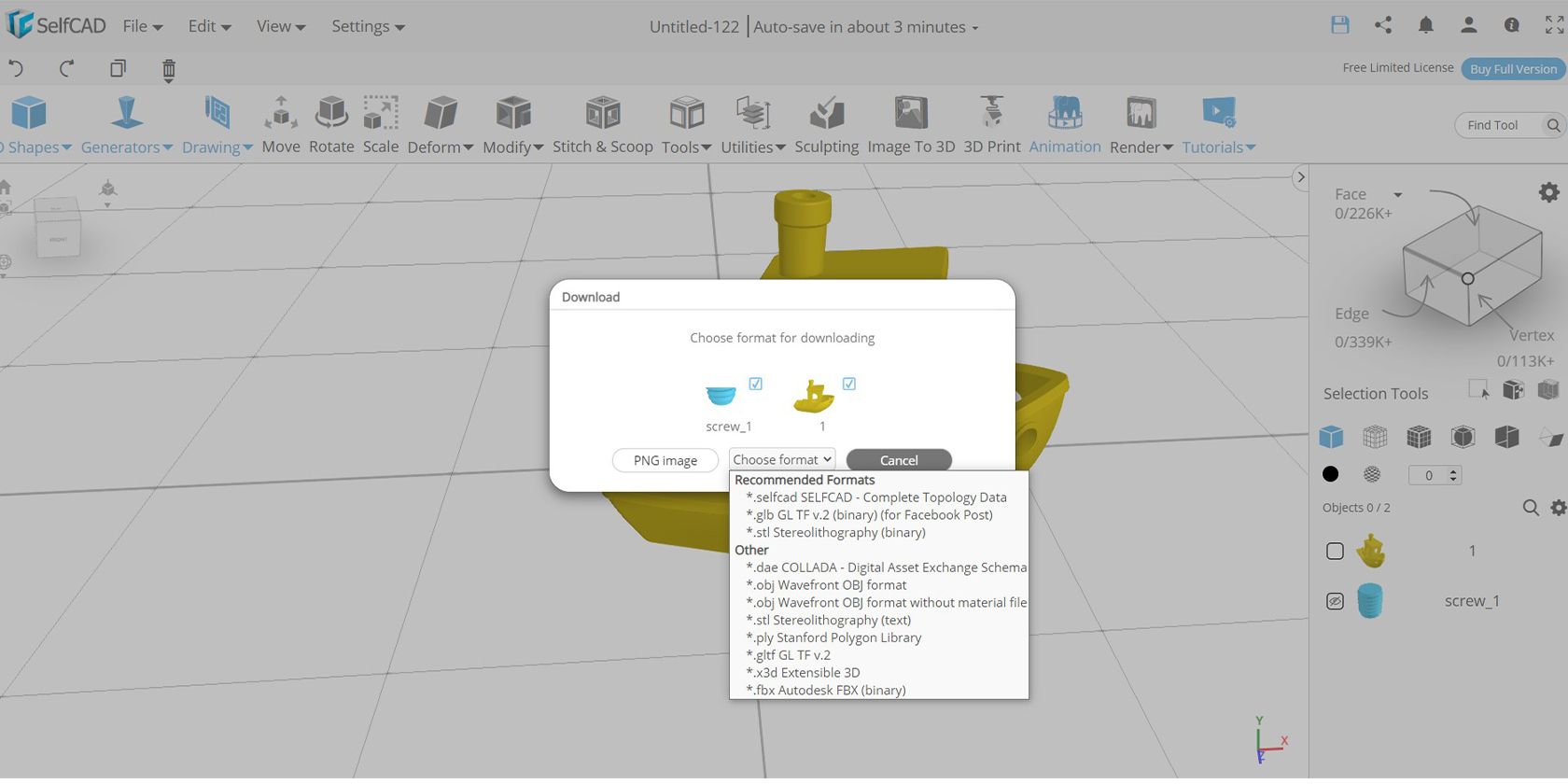 Exporting a 3D model in different file formats in a 3D modeling software