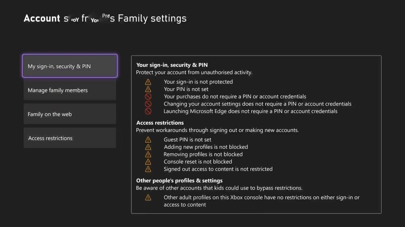 A screenshot of the Family Settings options menu on Xbox Series X 