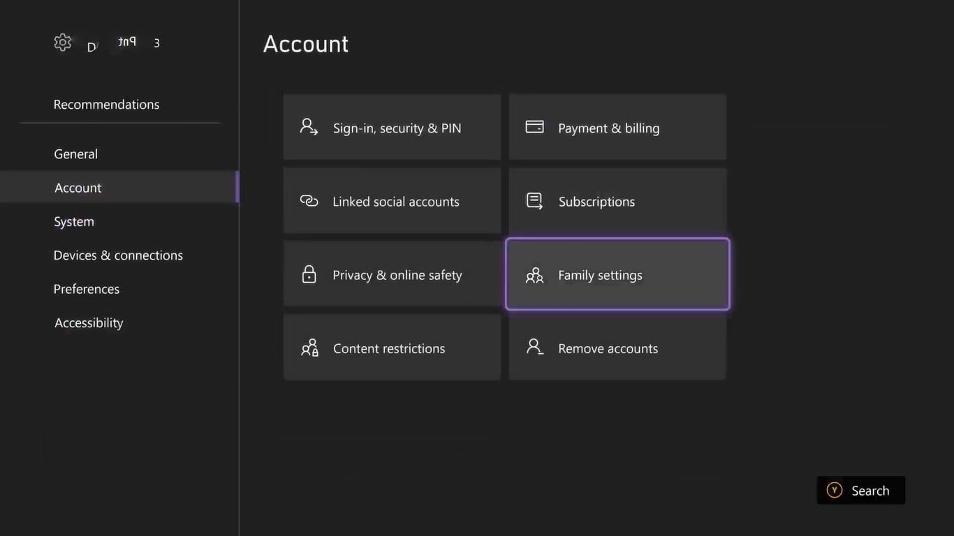 A screenshot of the account settings for an Xbox Series X with family settings highlighted 