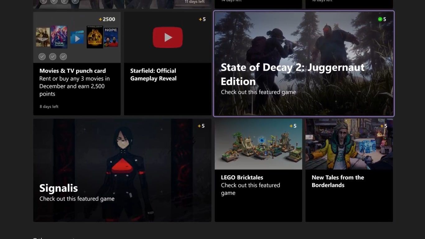 A screenshot of the Your Offers section of the Microsoft Rewards app on Xbox on an Xbox Series X with a featured game highlighted 