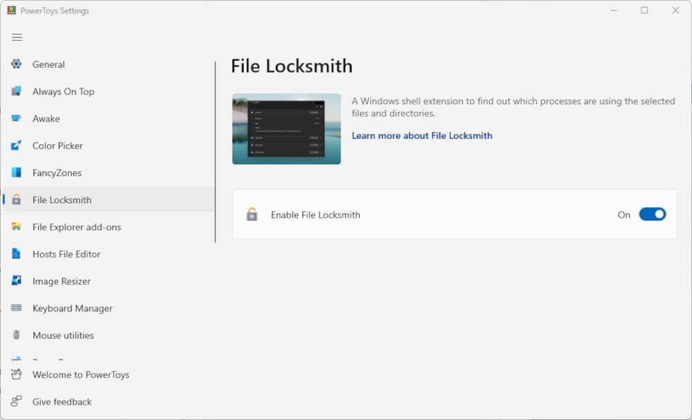 the file locksmith utility in powertoys