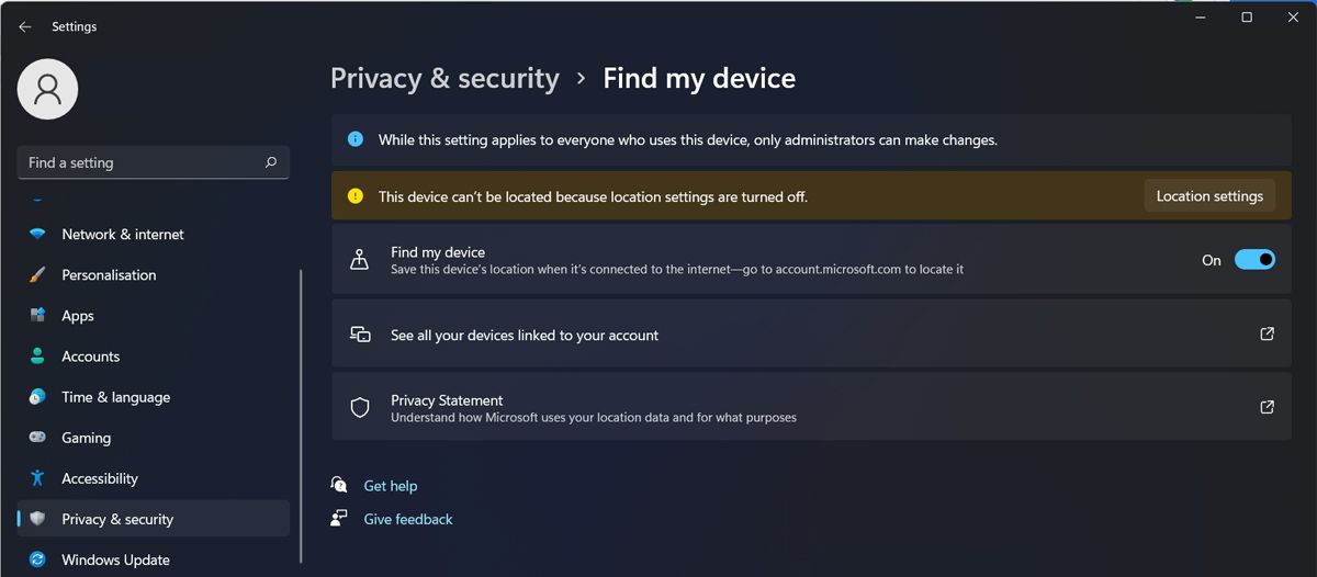 Find my device settings in Windows