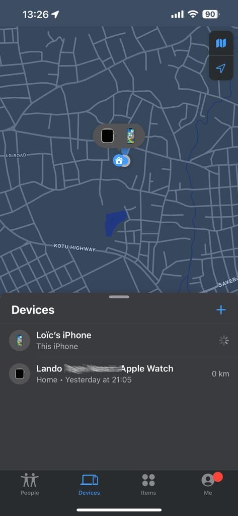 Screenshot showing my devices on the Find My app