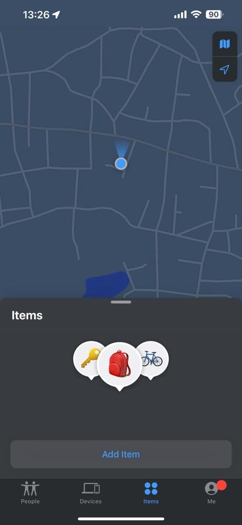 Screenshot showing the items tab on the Find My app
