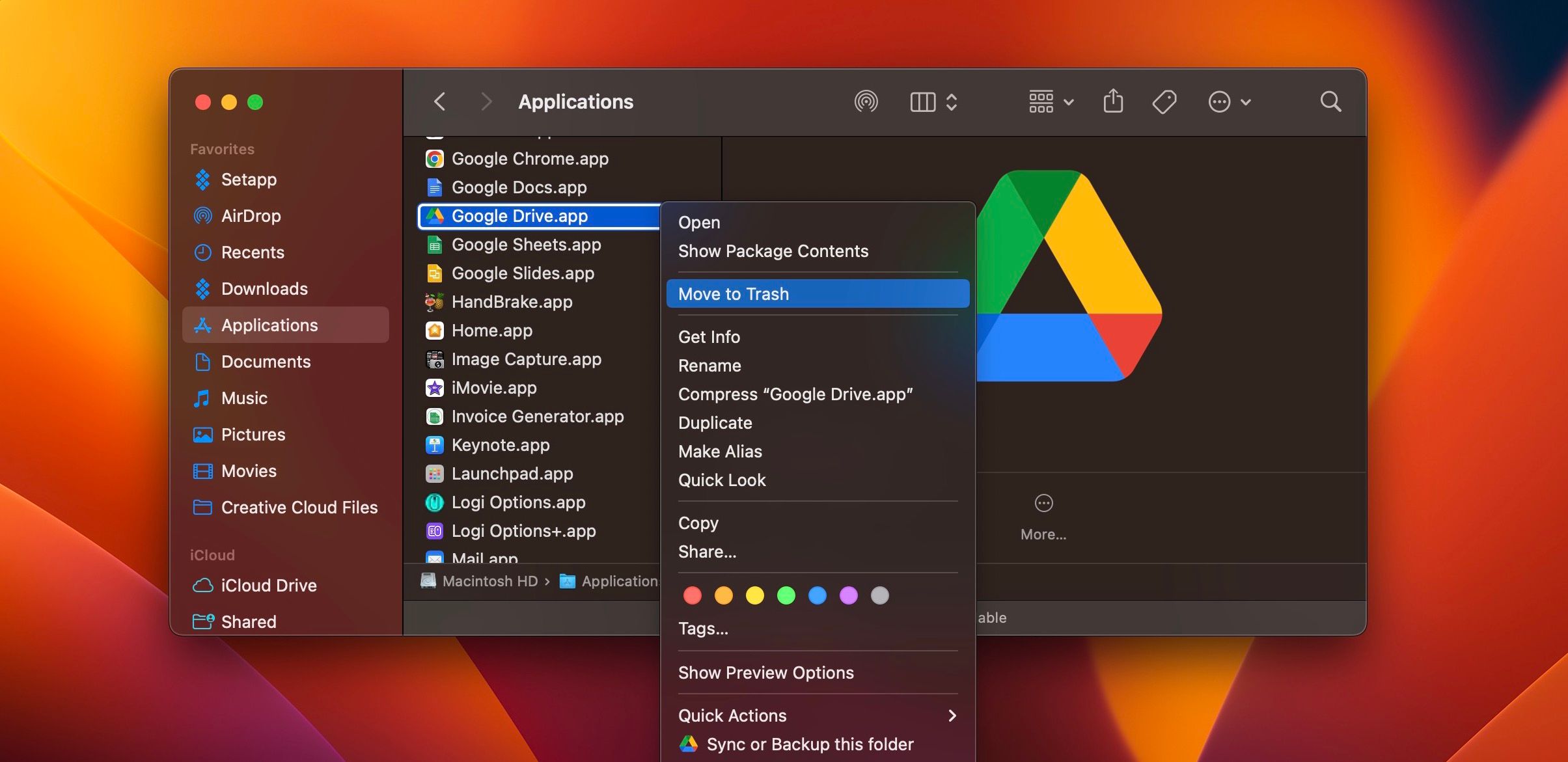 Remove Google Drive from the Applications folder in Finder