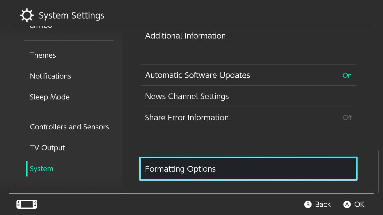 A screenshot of the Nintendo Switch settings for System with Formatting Options highlighted