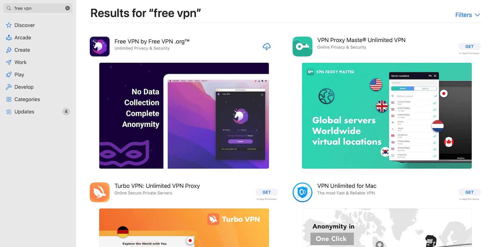 نتایج جستجو برای VPN های رایگان در فروشگاه App