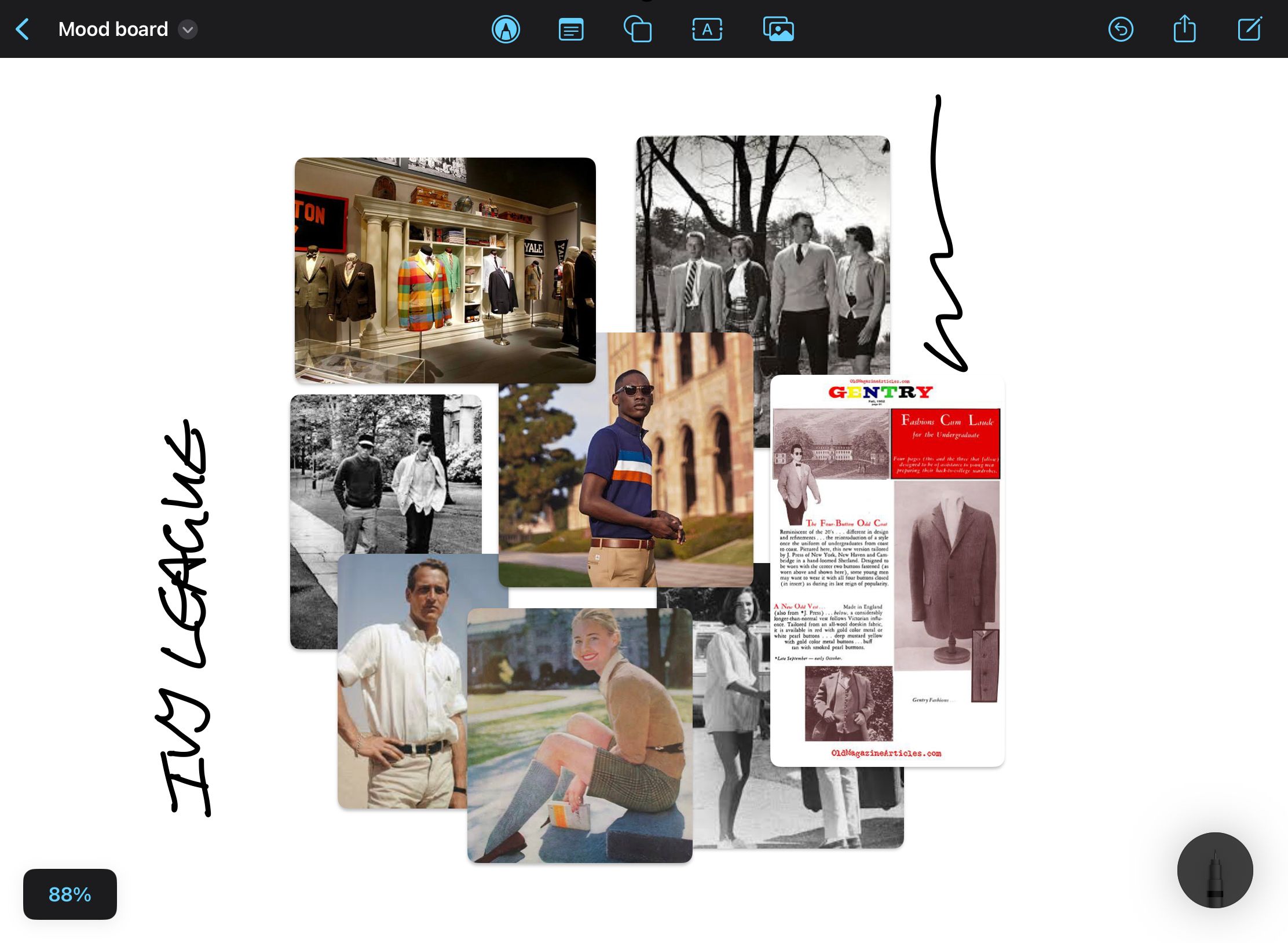 A mood board featuring images of Ivy League fashion created using the Freeform app