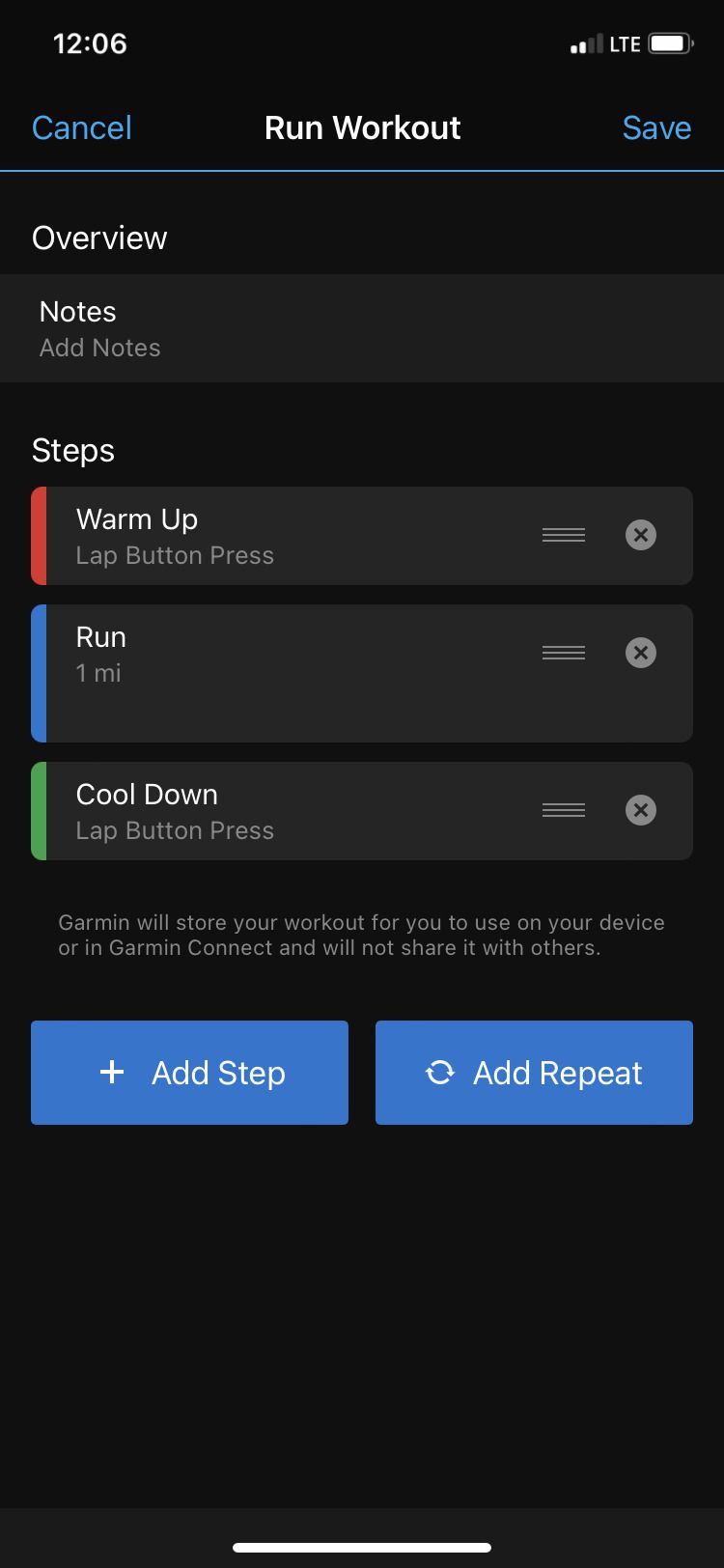 Garmin Connect app Run Workout screen