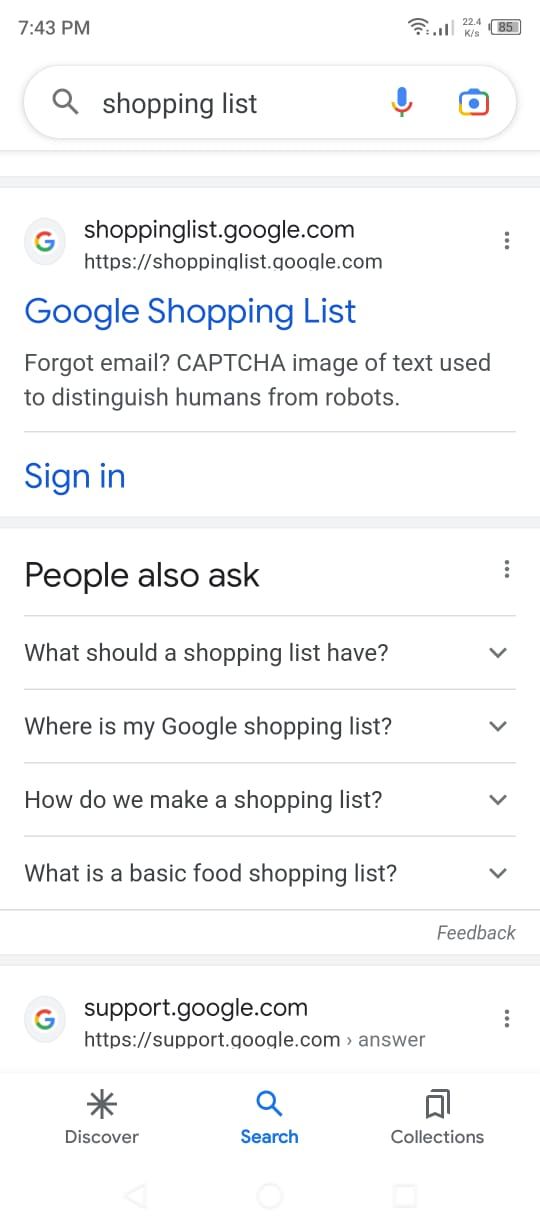Google App - Google Shopping List in the Search Results