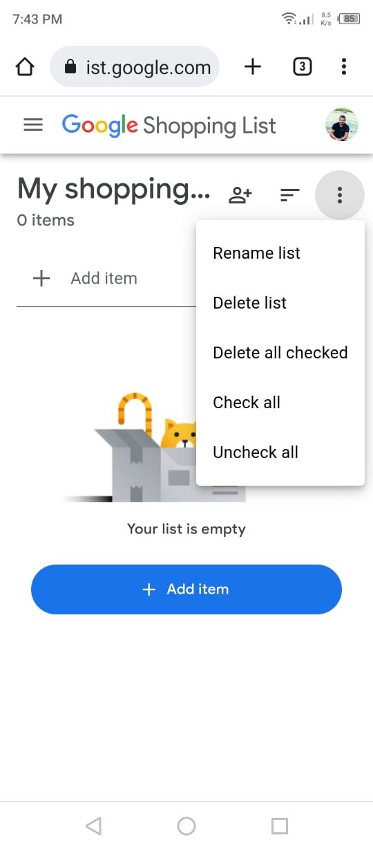 Google App - Google Shopping List Menu