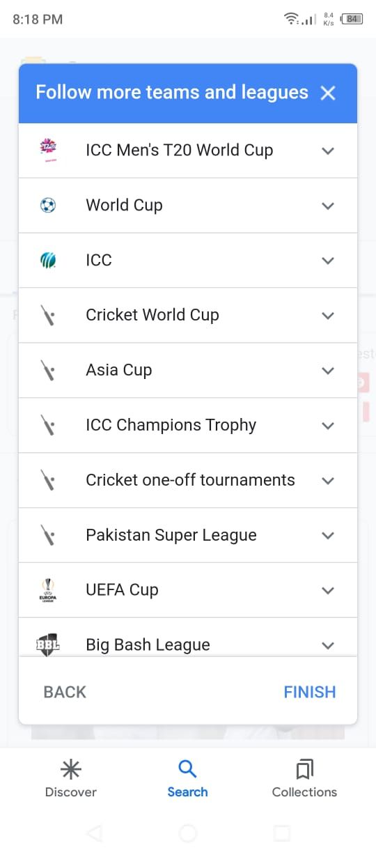 Google App - Sports Section Follow Options