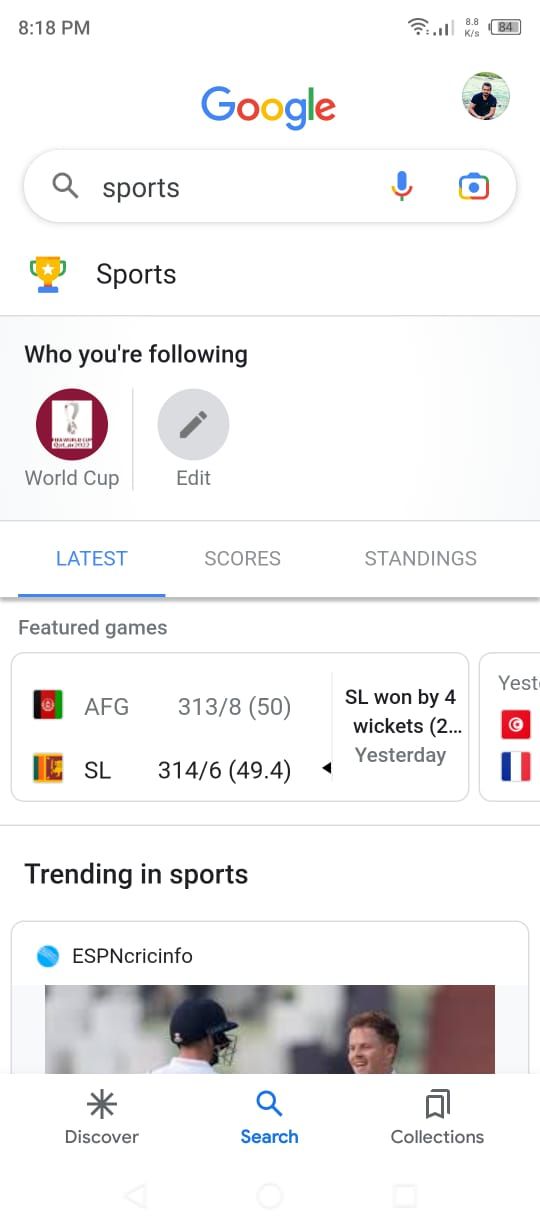 Google App - Sports Section Home Page
