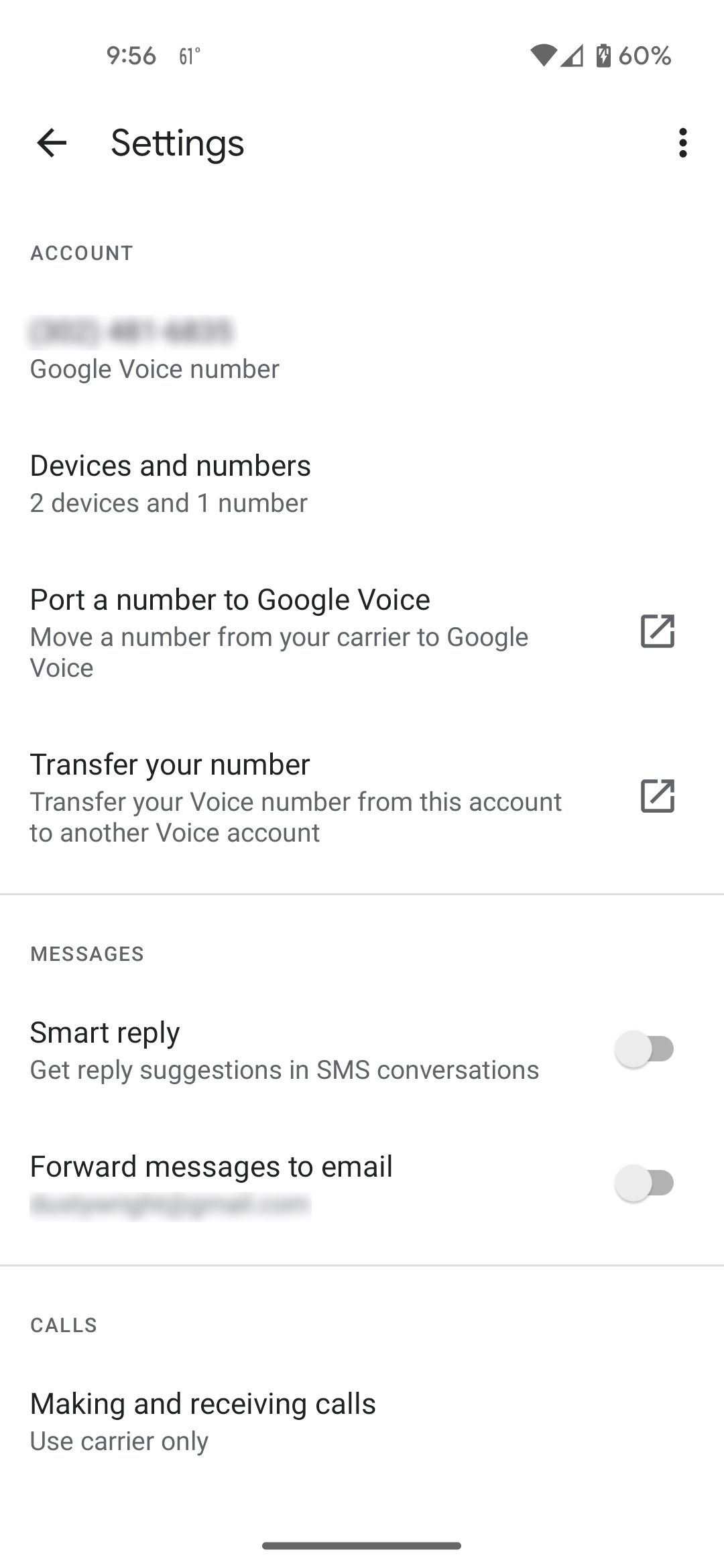 Google Voice settings page showing the devices and numbers option 