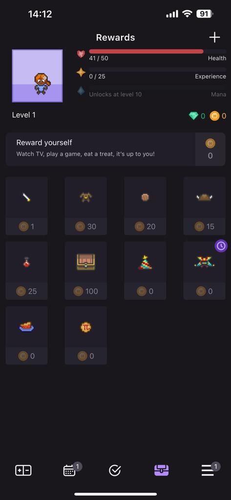 Screenshot showing Habitica's reward page