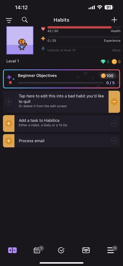 Screenshot showing Habitica's dashboard