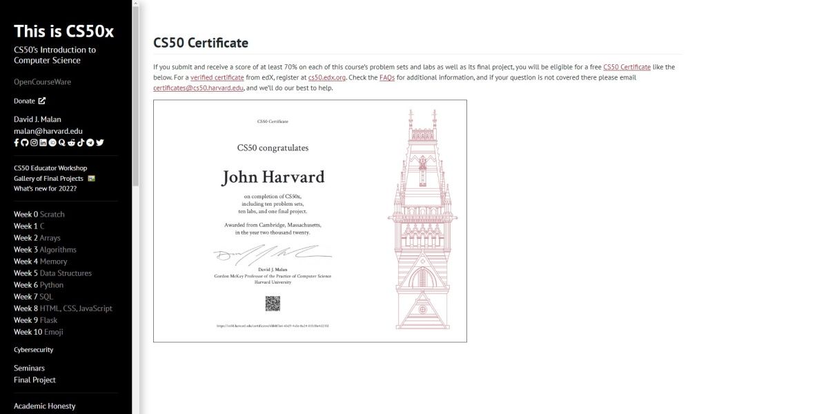 Certificat gratuit Harvard CS50x