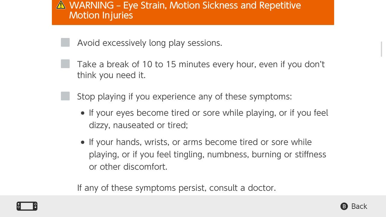 A screenshot of the Nintendo Switch security information form highlighting guidance to prevent eye strain