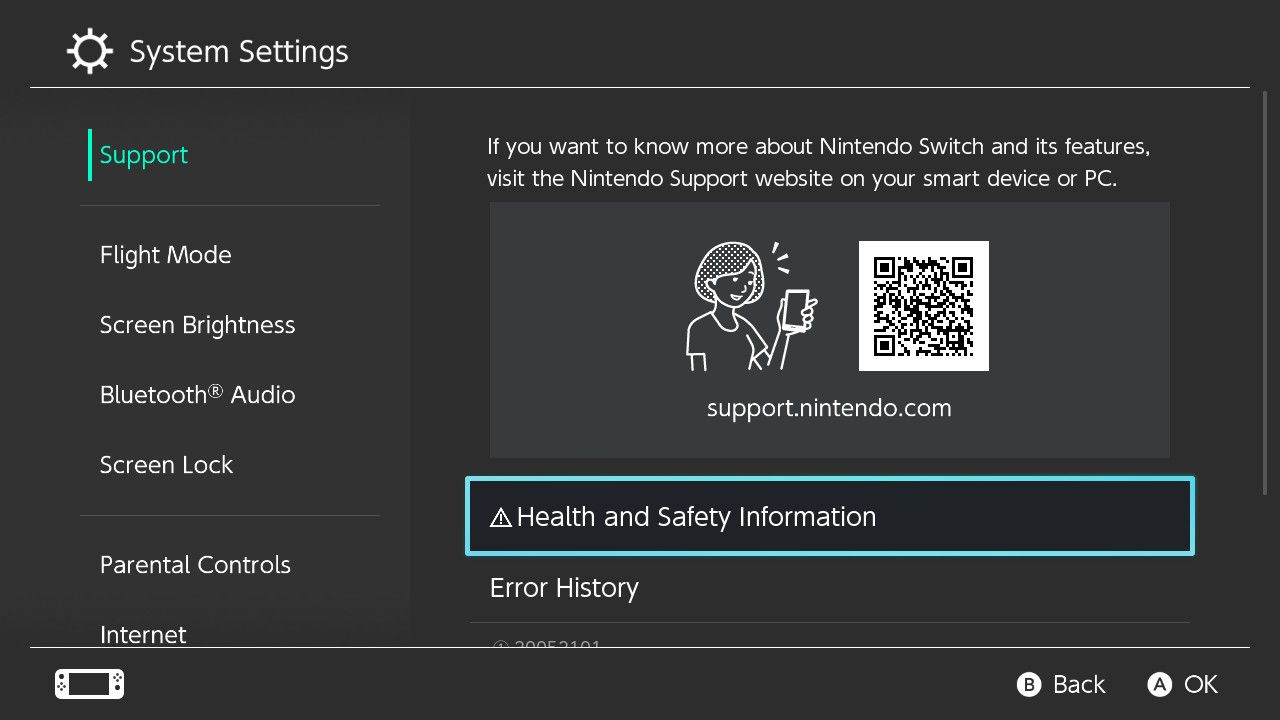 A screenshot of the support settings on Nintendo Swith with health and safety information highlighted 
