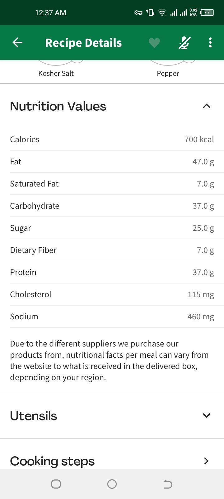 nutrition values section on HelloFresh app