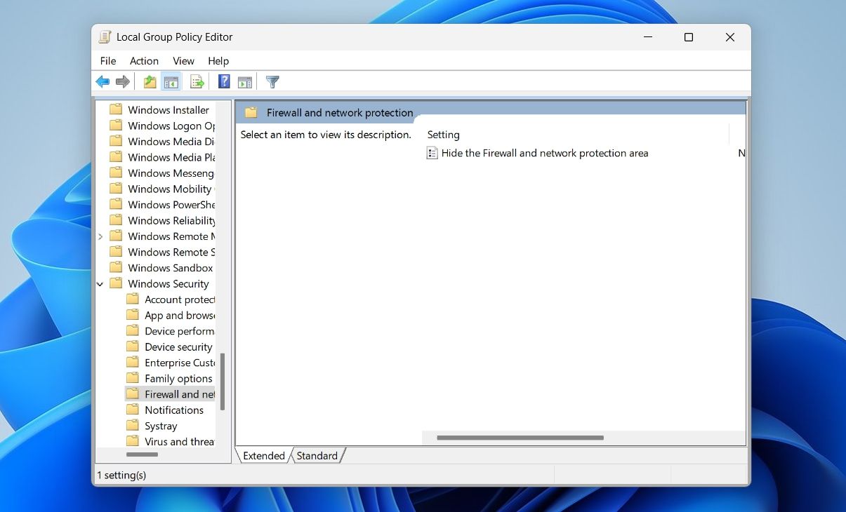 Hide the Firewall and network protection area in the Local Group Policy Editor