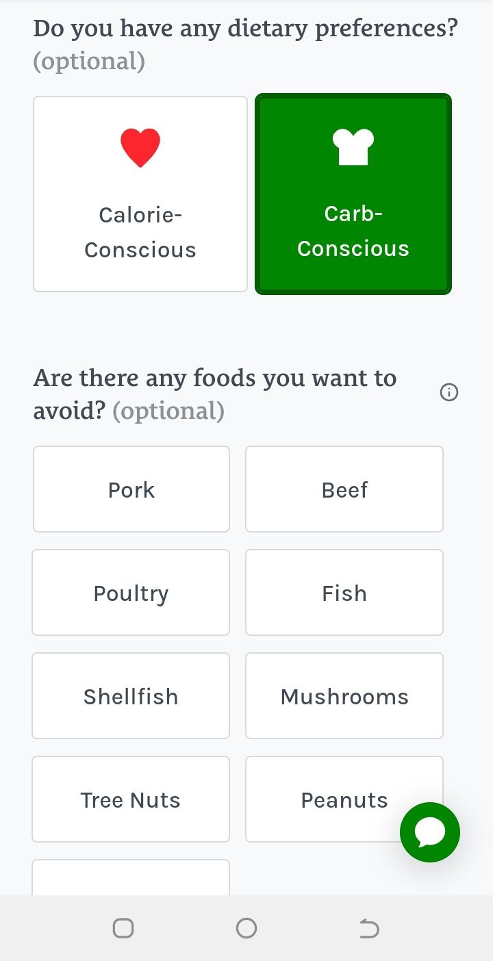 Dietery preference option on Home Chef app 