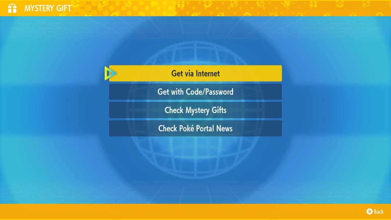 A screenshot of the Mystery Gift page in Pokémon Purple showing the ways available to redeem a Mystery Gift.