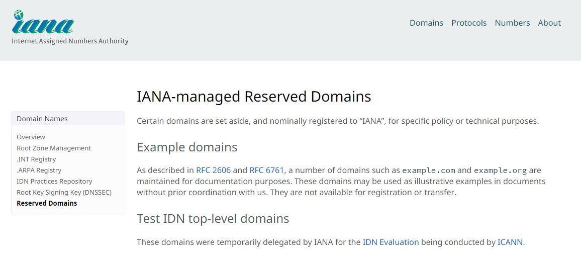 IANA information about test TLDs