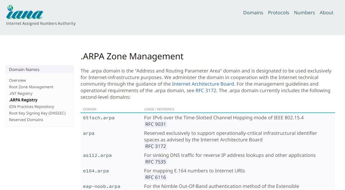 IANA where .arpa domains are available