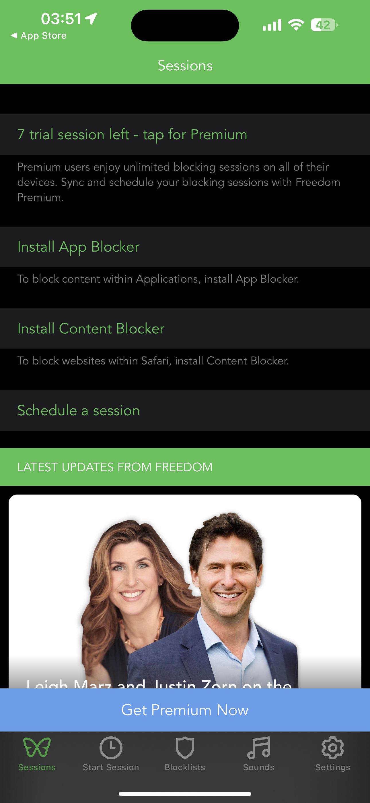 Freedom iOS app home screen